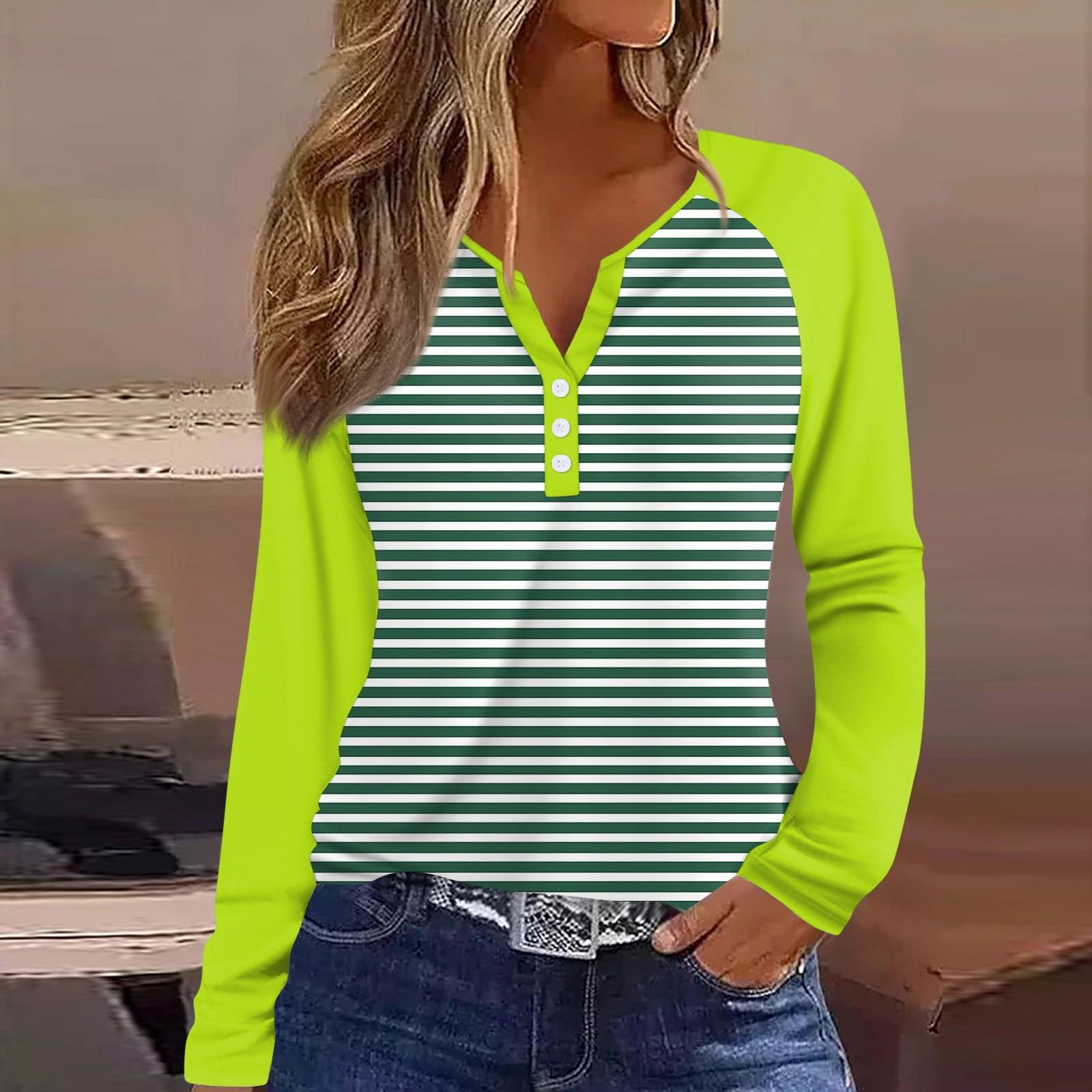 

Женская футболка с принтом, на пуговицах, с длинным рукавом, повседневная, для выходных, модная, базовая, с V-образным вырезом, обычный топ S зелёный