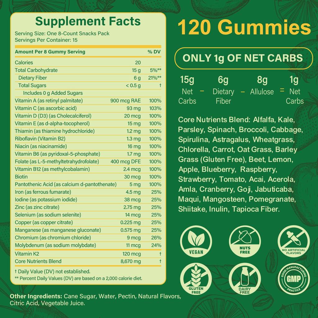 Tecepec Greens Daily Nutritional Gummies – Sugar-free formula, packed with essential vitamins to boost focus and immunity; 120 gummies (15 servings)