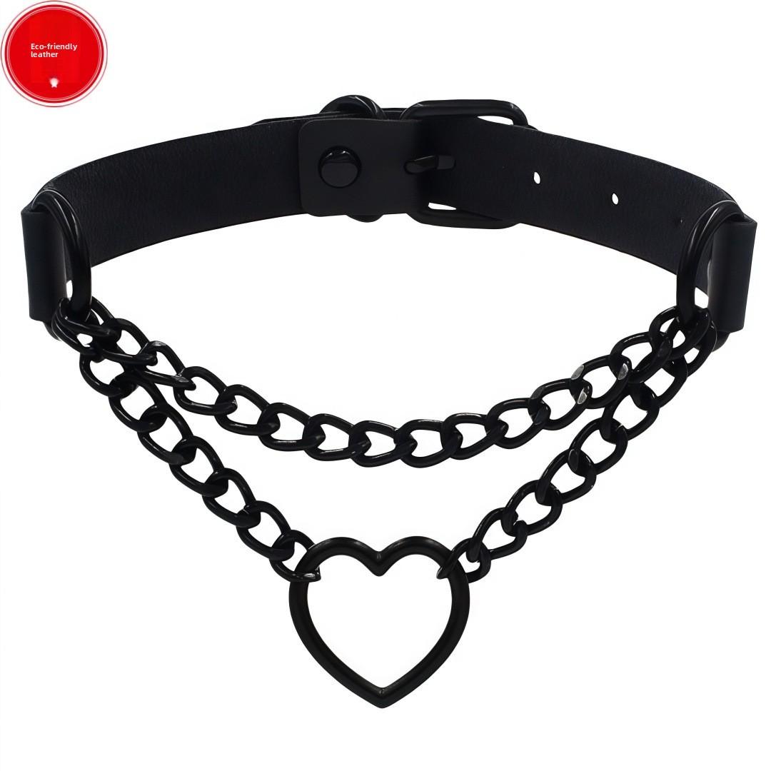 Environmentally Friendly PU Leather European and American Harajuku Peach Heart Black Chain Collar Necklace Trendy Love Collar Neck Collarbone Chain