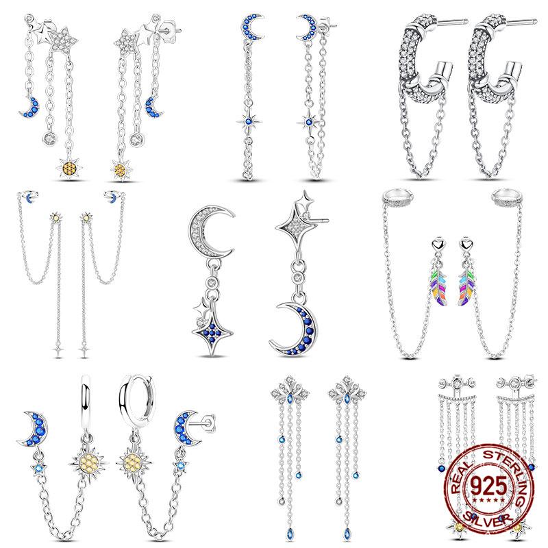 Original 100% 925 Silver Geometric Sun Moon And Stars Tassel Women's Earrings Party Anniversary Gift