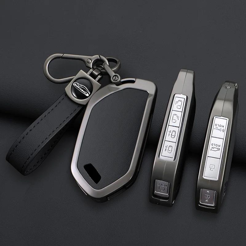Alloy+Leather Car Key Case Cover for Kia EV9 Picanto Sorento MQ4 Carnival KA4 Morning K5 Carens 2024 Shell Fob Accessories