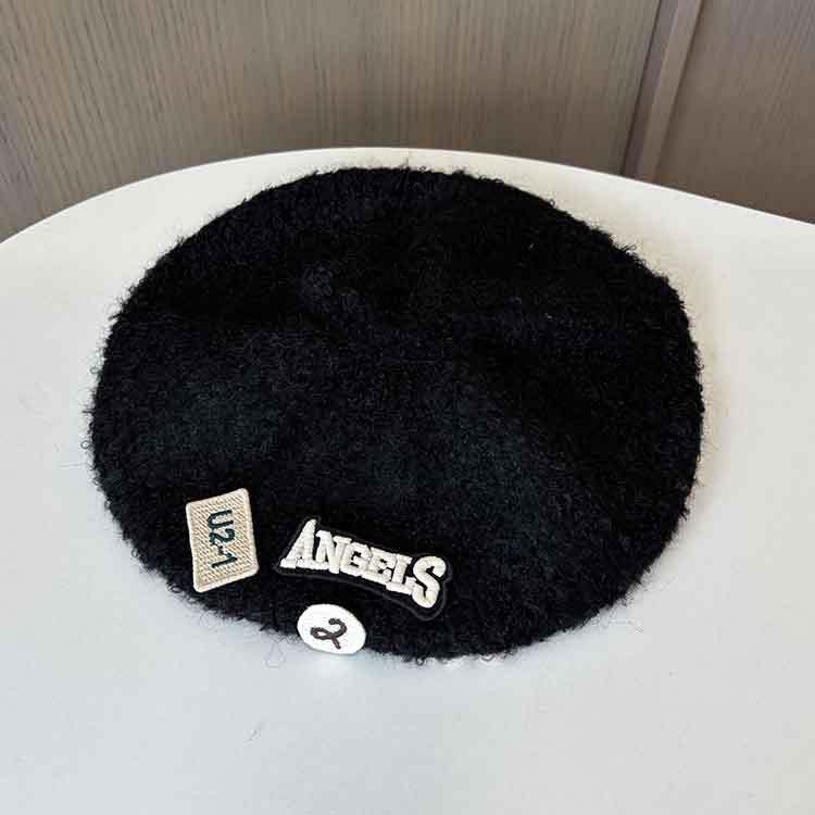Cloth Knitted Beret Female Sweet Cute Wool Hat Mixed Color Lazy Style Painter Hat M（56-58cm） чёрный