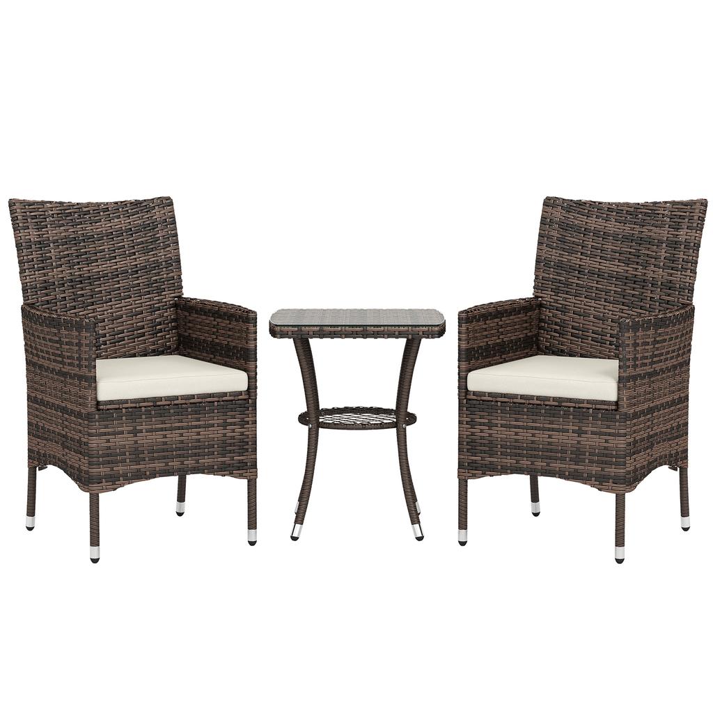 2 Seat Twin Rattan Bistro Chair and Table Set Brown