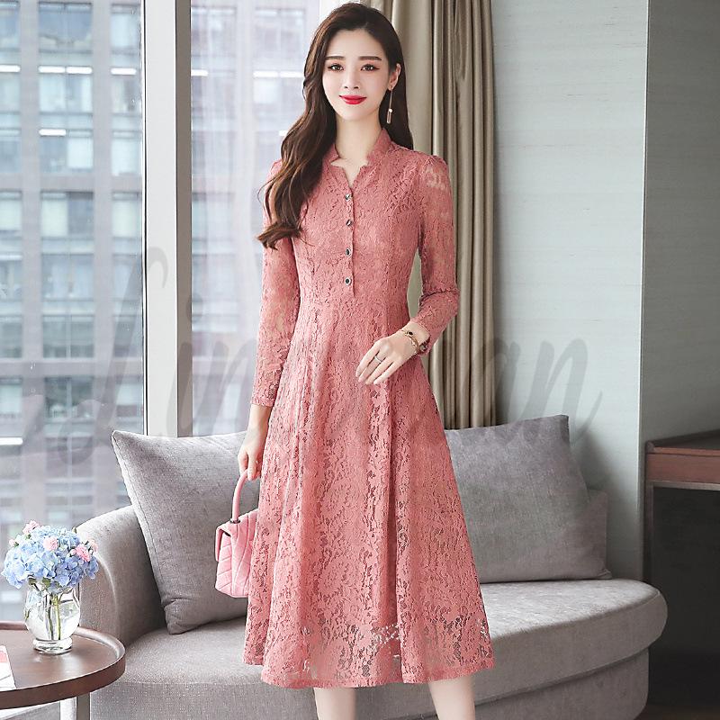 Autumn Lace Slim Fit Solid Color Long-Sleeve Plus Size Dress for Women