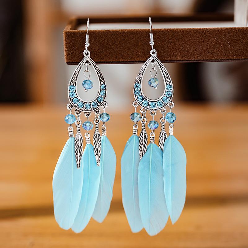Bohemian Women Handmade Earrings For Female Colorful Long Feather Crystal Drop Tassel Dangle Earring Ladies Boho Jewelry Gift