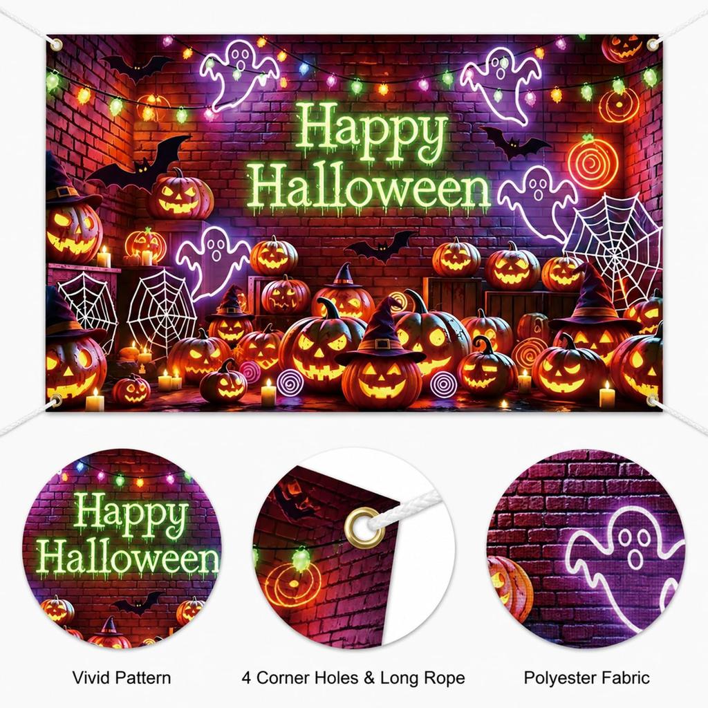 Happy Halloween Banner, 71 x 43 Inch Neon Ghost 71x43 Inch, Multicolor