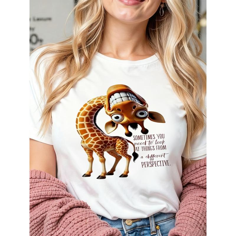 European Size cartoon giraffe big eyes smiling speech bubble text white background playful funny bright colors whimsical encouraging message for women S