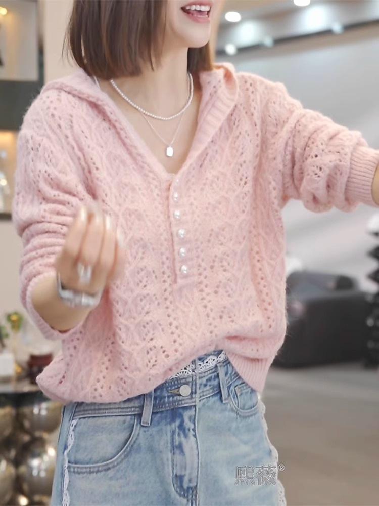 Women's Long Sleeved Shirt Hollow Hooded Knitted Sweater for Spring and Summer Women's Hollow Sweater