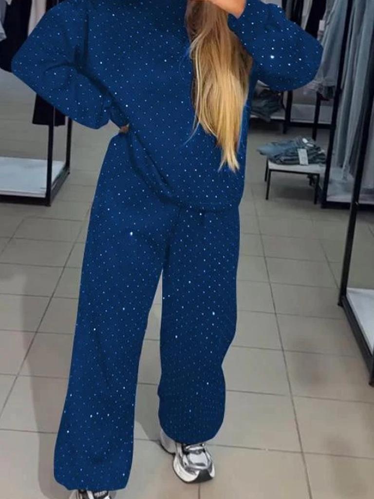 Autumn/Winter Women's Casual Long Sleeve Crew Neck Sweatshirt and Leggings Set with Rhinestones