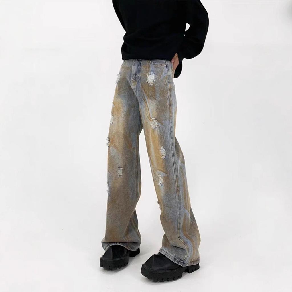JYL Men's Cargo Flare Jeans American Vintage Camo Spring Lumberjack Straight Denim