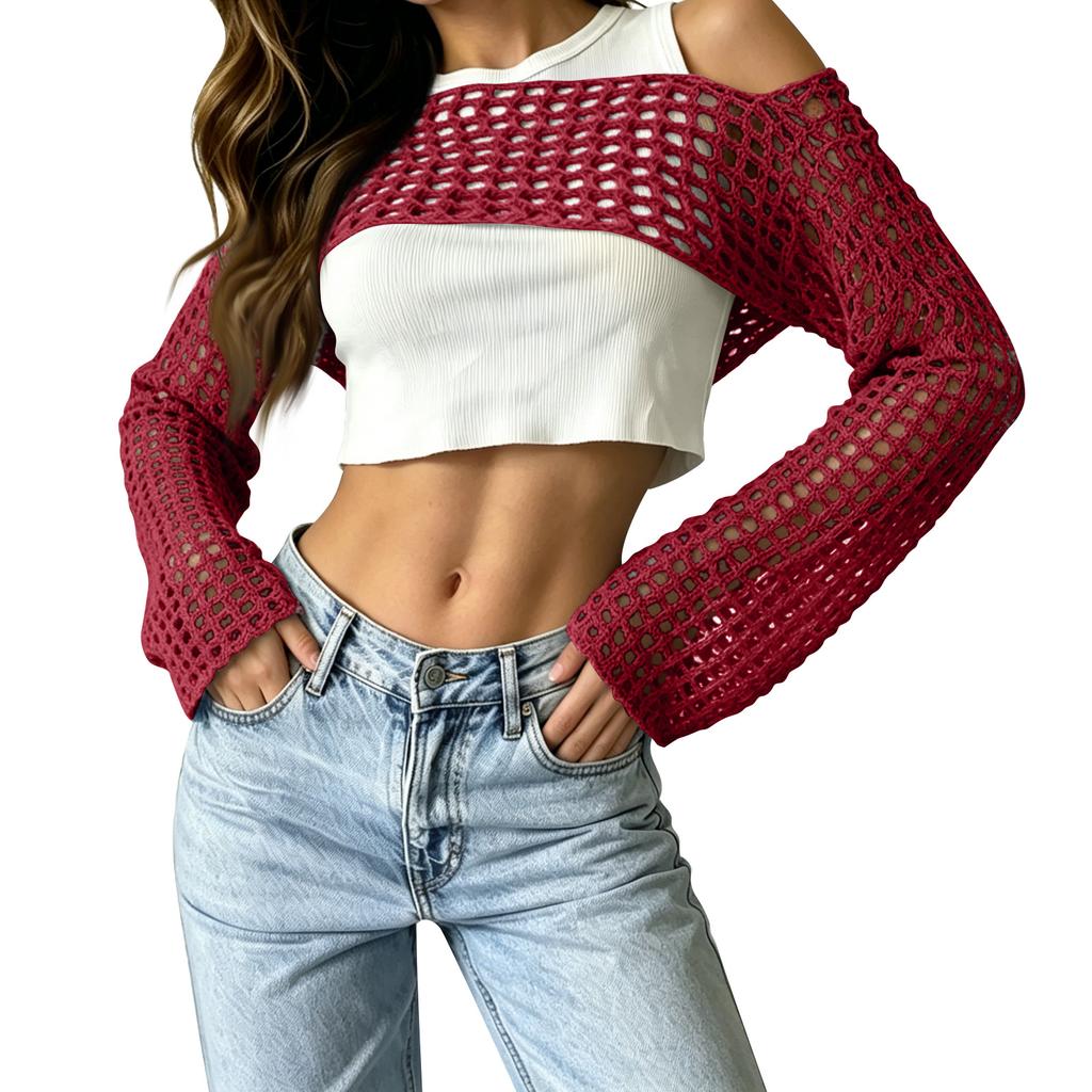 Women's Sunscreen Hollow Long Sleeve Backless Bikini Beach Dress Knit Sweater Cover-Up