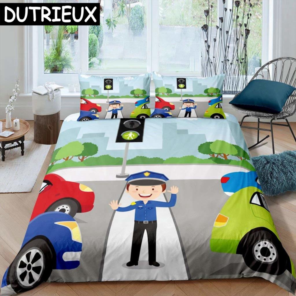 Policajtské auto Král Královna Povlak na přikrývku Kreslené auto Ložní souprava Děti Chlapci Modrá Šedá Vozidla záchranné služby Polyesterový Povlak na přikrývku