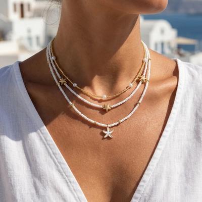 Bohemian Handmade Rice Bead Stacked Choker for Women Delicate Starfish Shell Pendant Necklace Party Vacation Jewelry Gifts
