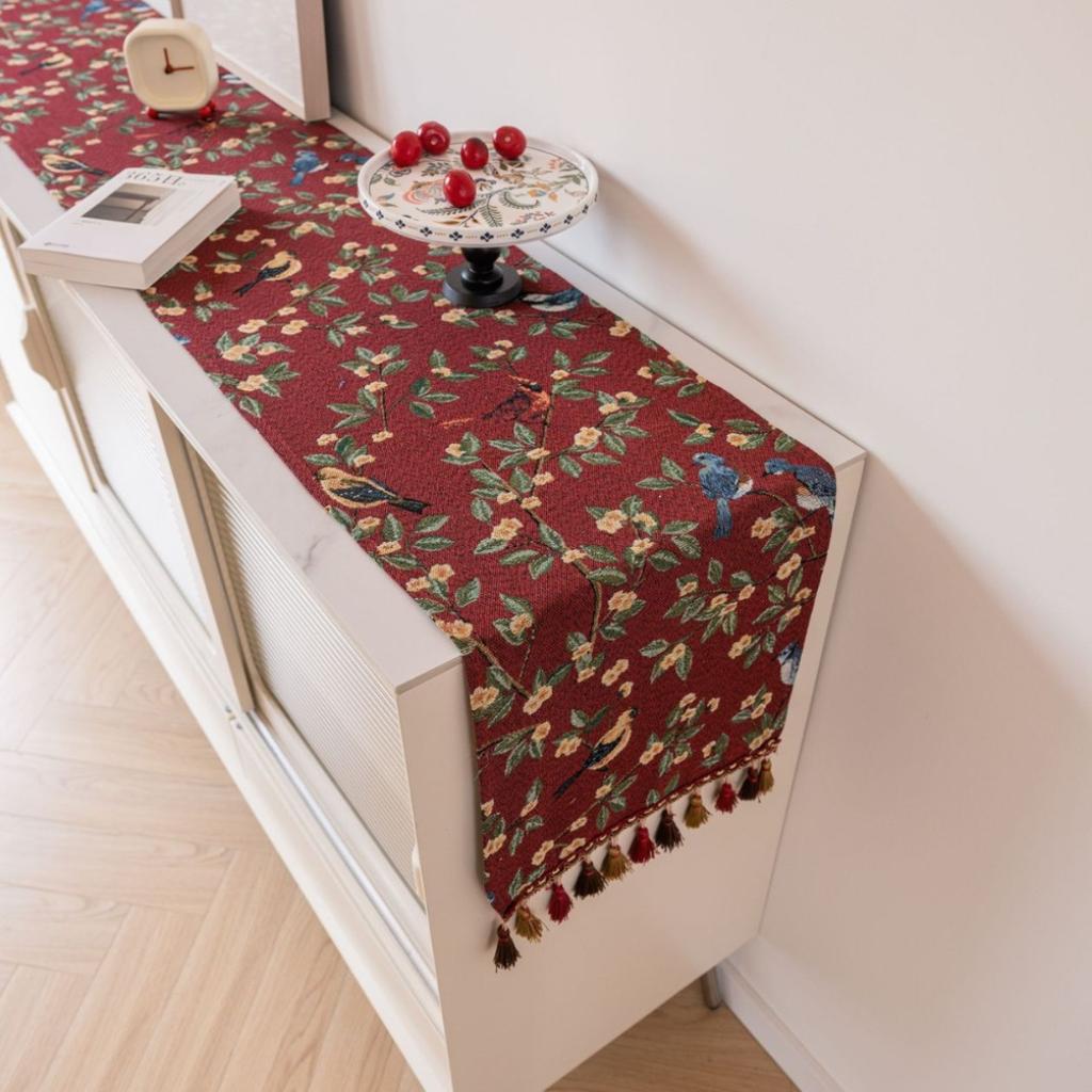 Tassels Retro Table Runner,Jacquard Jujube Red Oriole Pattern Table Decor, Floral Table Decoration for Christmas Kitchen Dining Home Party Festival