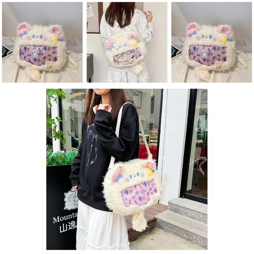 Plush Cat Shoulder Bag With Transparent Compartment For Daily Casual Use