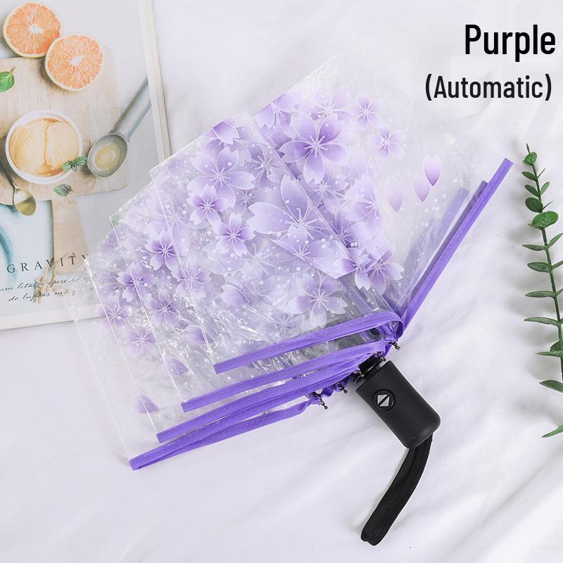 Cherry Blossom Transparent Automatic Umbrella - Soft Girl Three-Fold Design