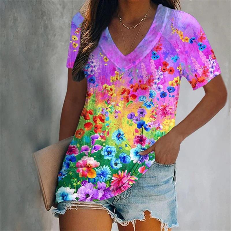 Colorful Tassels Print T-Shirt Fashion Women's Short Sleeve V-Neck T-Shirt 2024 Summer Casual Elegant Women's Large Size T-Shirt