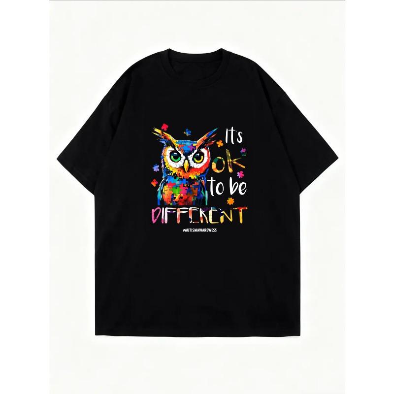 Tricou Casual Damă Bufniță Albă și Model Colorat Puzzle Cu Ok Diferite Texte Pentru Purtare Zilnică Și Declarație de Modă