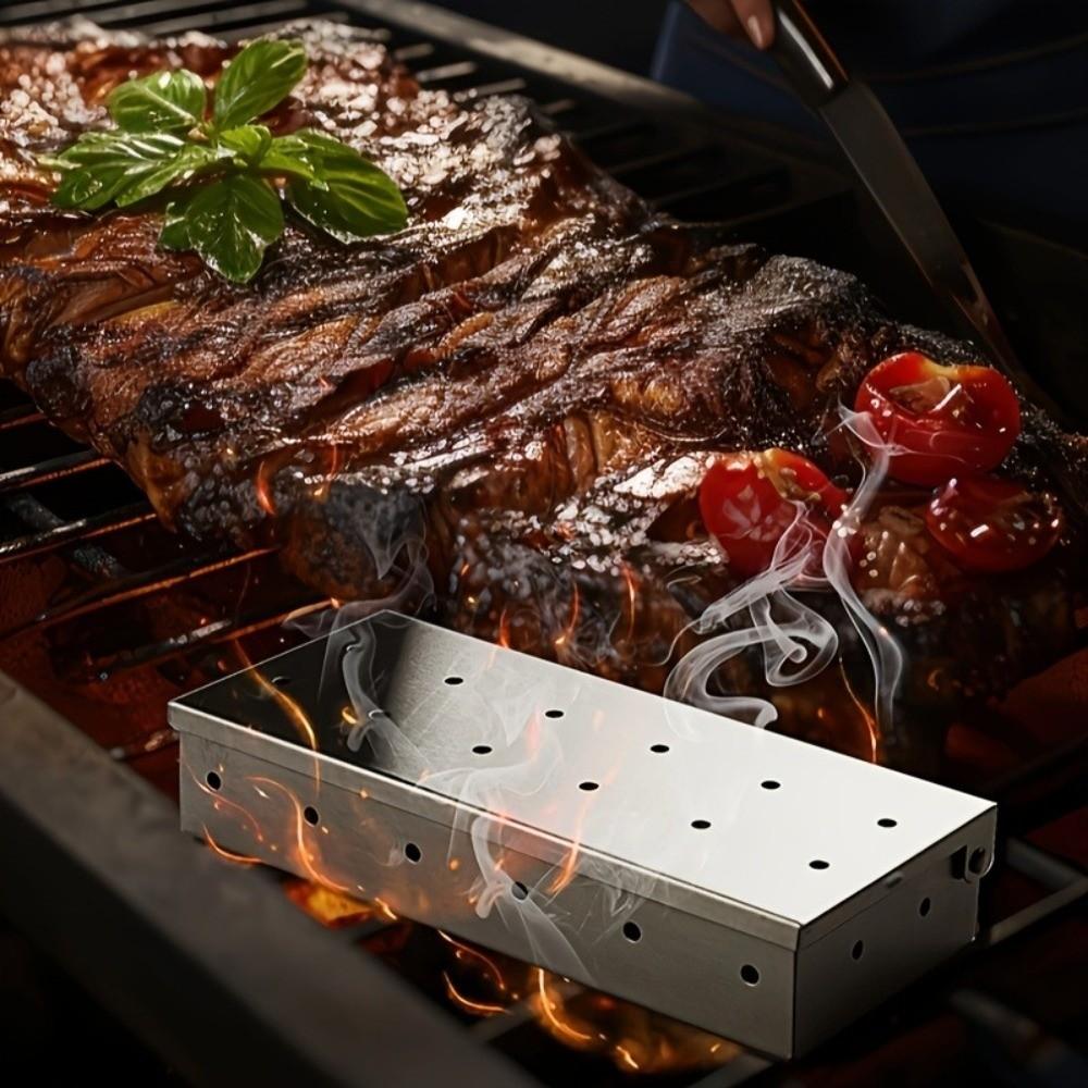 Stainless Steel BBQ Smoker Box Won't Warp Vent Grill Roast Charcoal Box Thickened Sawdust Charcoal Box Outdoor Cooking