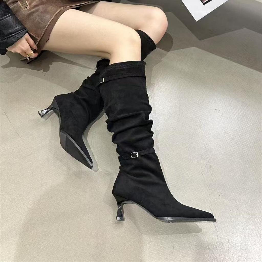 Pointed High Heel Khaki Pile Boots Women's Boots 2025 Autumn/Winter Skirt Skinny Knight Medium Boots