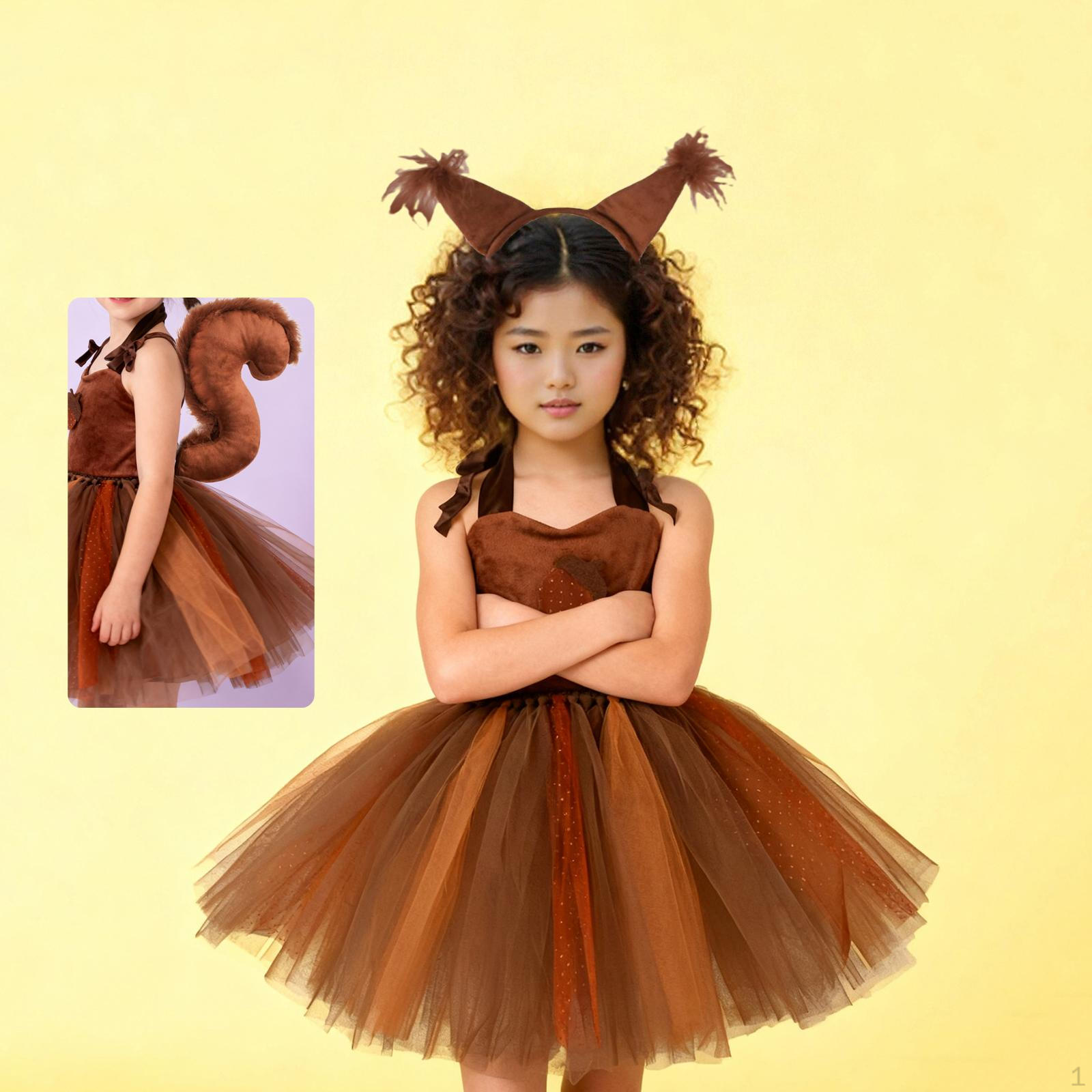 Breathable Princess Dress for Girls, Dressed As A Squirrel, with Tutu Skirt Christmas. Size S