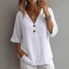 Women Tops Loose Fit V Neck 3/4 Sleeves Pullover Tops Button Decor Pure Color Summer Casual T-shirt Daily Wear