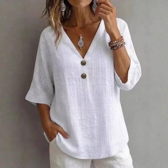 Women Tops Loose Fit V Neck 3/4 Sleeves Pullover Tops Button Decor Pure Color Summer Casual T-shirt Daily Wear