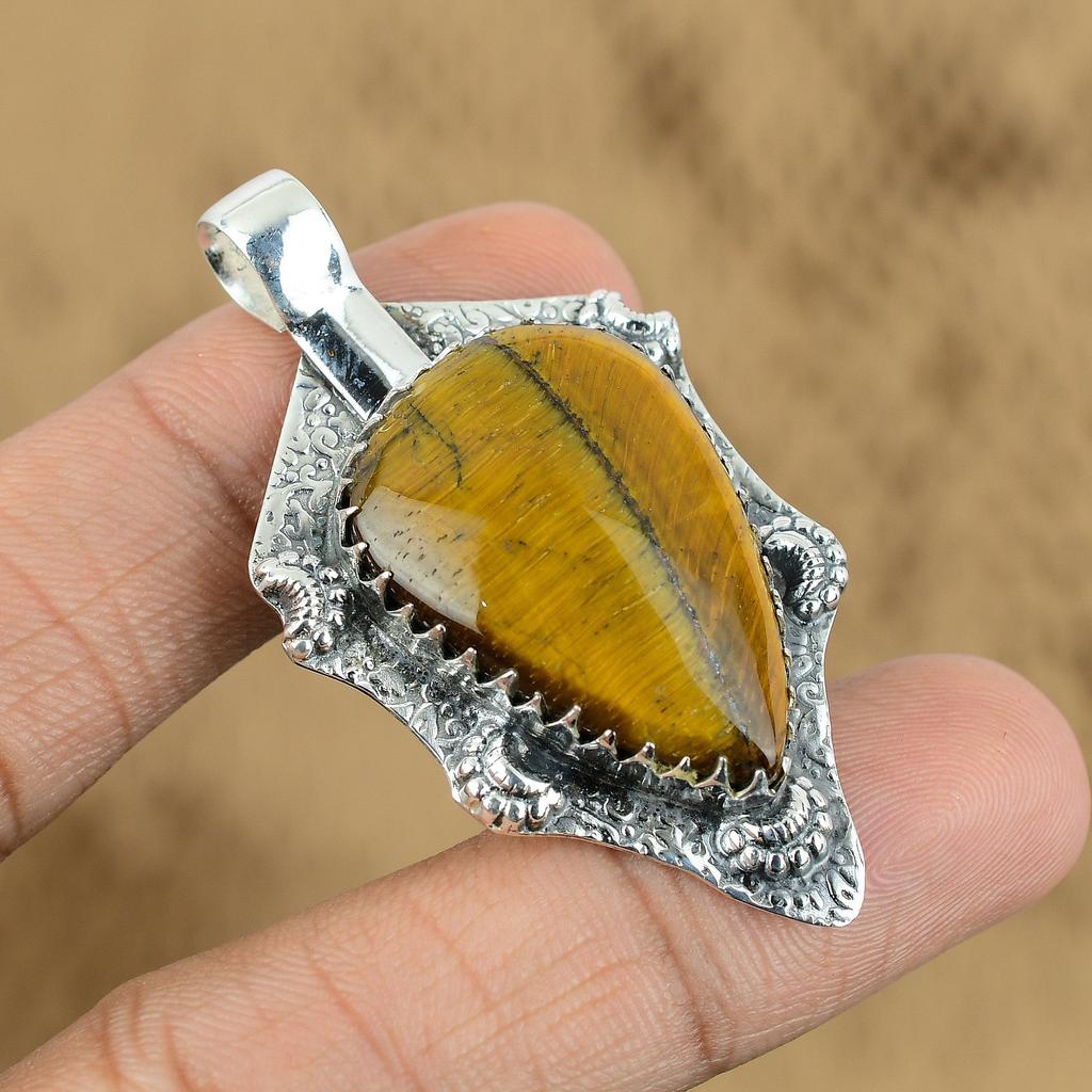Natural Tiger's Eye 925 Sterling Silver Art Deco Engagement Boho Unique Pendant