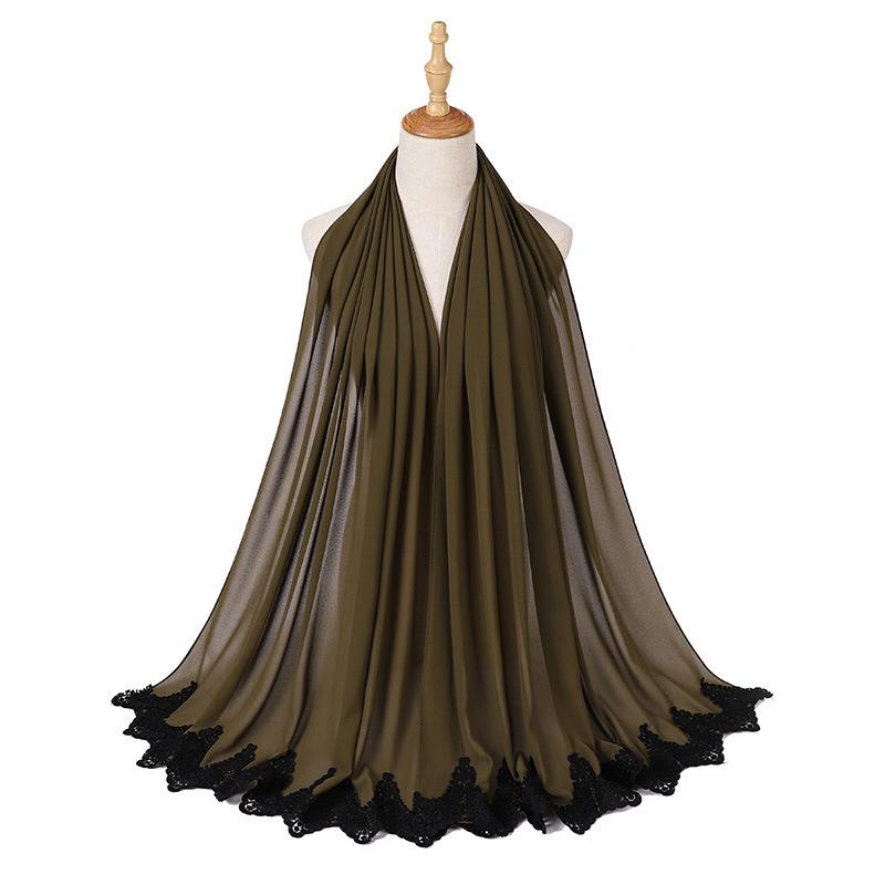 New Pearl Chiffon Malaysia Fashion Black Lace Scarves Muslim Shawl Plain Soft Turban Head Wraps Headband