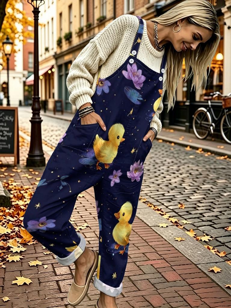 Navy Blue, Yellow Duck, Lotus Flower, Full Printed Overalls for Cute and Playful Women, Loose and Wide Leg, Rolled Edge, Multi Pocket Casual Jumpsuit