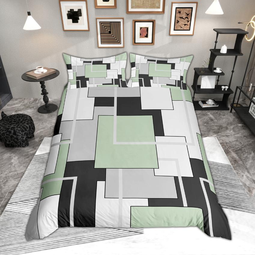 Homewish Modern Geometric Duvet Cover Set, Aesthetic Square Plaid Bedding, Abstract Minimalist Quilt Cover Set
