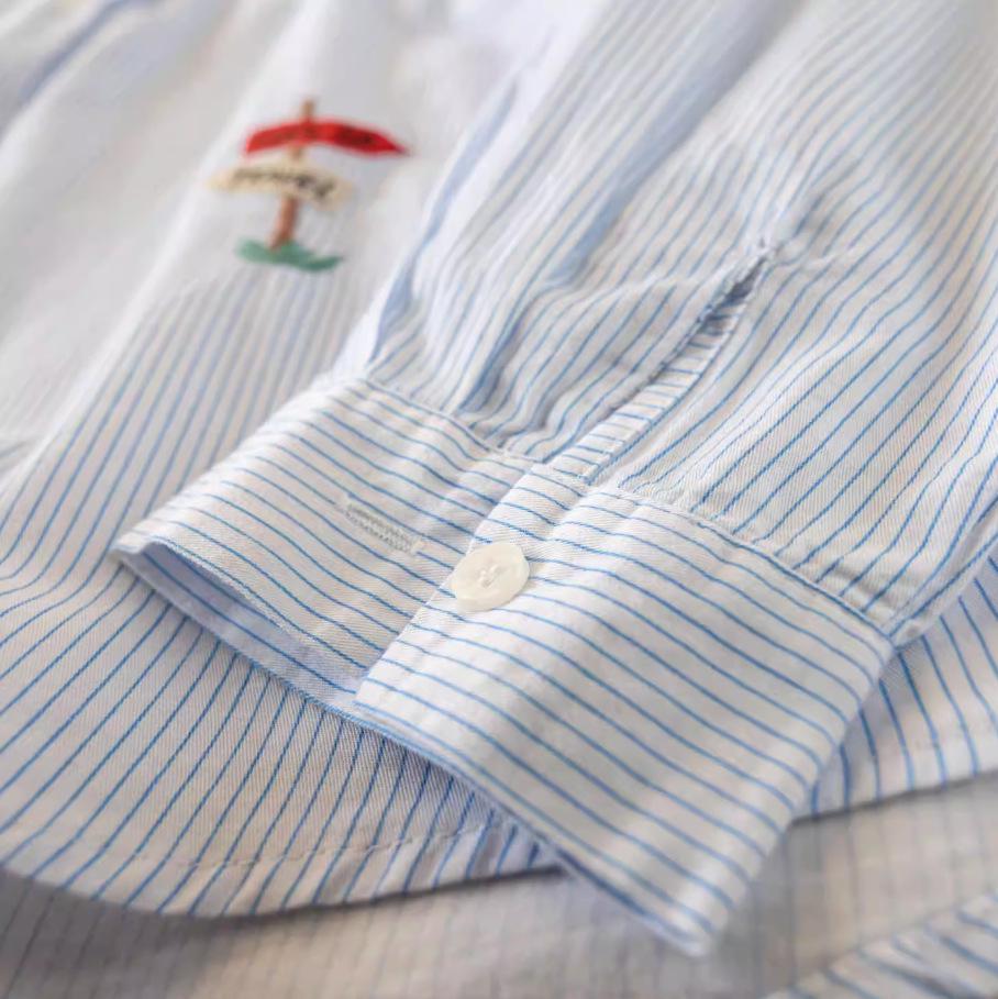 Spring 2026 Slimming Striped Children's Literary Style Women's Embroidered Long Sleeve Shirt