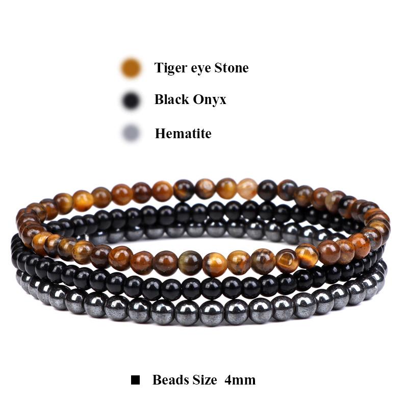 3pcs Amethysts Purple Agates Elastic Bracelets For Women Men Natural Stone Tiger Eye Black Onyx 4mm Beads Bracelet Set Jewelry
