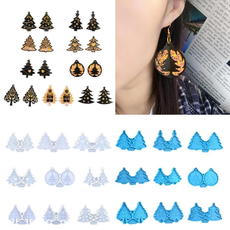 9 Pcs Diy Christmas Tree Assembled Earrings Mold Crystal Epoxy Diy Decorative Pendants Jewelry Resin Mold for Crafts