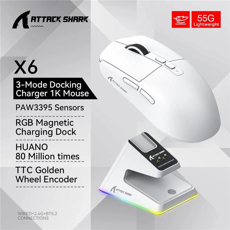 X6 Attack Shark Lehká bezdrátová myš Až 26K DPI RGB podsvícení Nabíjecí základna s bezdrátovým 3 režimem pro notebook Desktop