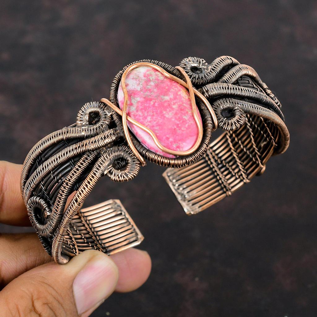 Thulite Cuff Bracelet Copper Wire Wrapped Gemstone Bangle Adjustable Cuff Bracelet Thulite Copper Jewelry Handmade Elegant Cuff Gift For Her