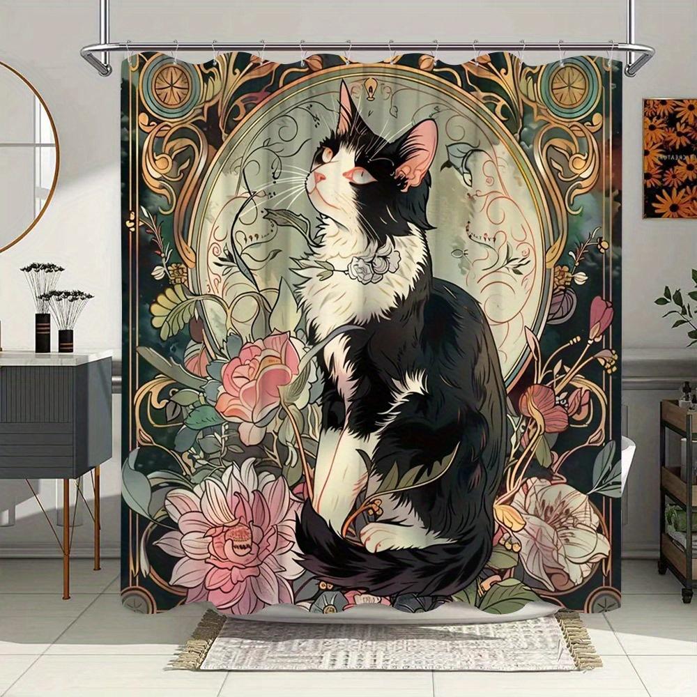 

Ар-нуво Черно-белый кот с цветочным дизайном Водонепроницаемая шторка для душа для современного декора ванной комнаты, Идеально подходит для домашнего использования W90XH180cm
