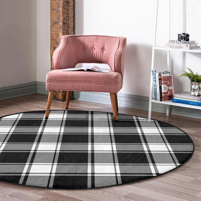 

Black Check Pattern Digital Printed Modern Office Round Carpet With Washable Non-Slip Base On White Background
