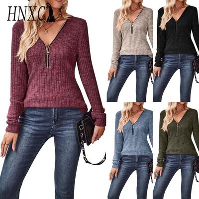 Women's Fashion Casual Solid Color Print Long Sleeve V Neck Blouses & Shirts