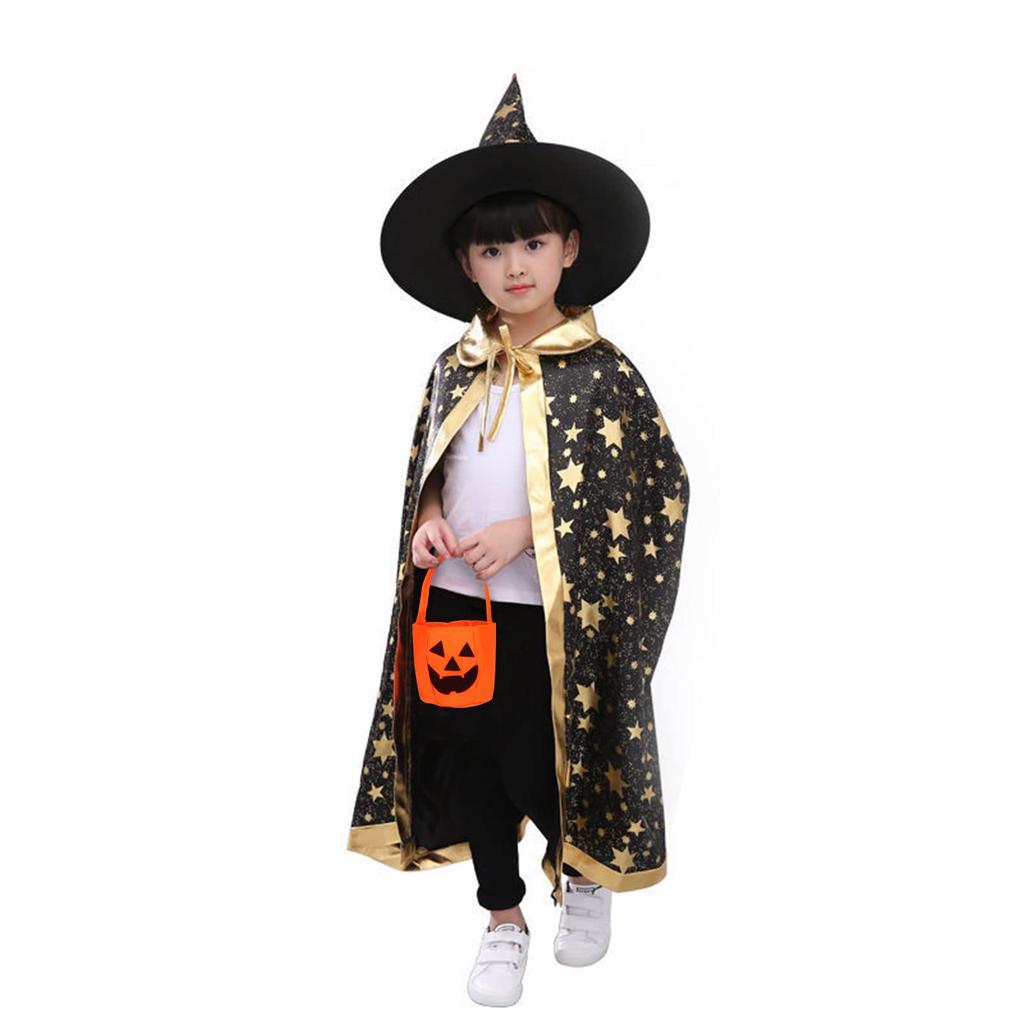 Moerstar Halloween Witch Costume Set, 3-Piece Set for Kids, Includes Cape, Hat, and Pumpkin Bag, Unisex, Perfect for Halloween, Christmas, Parties,