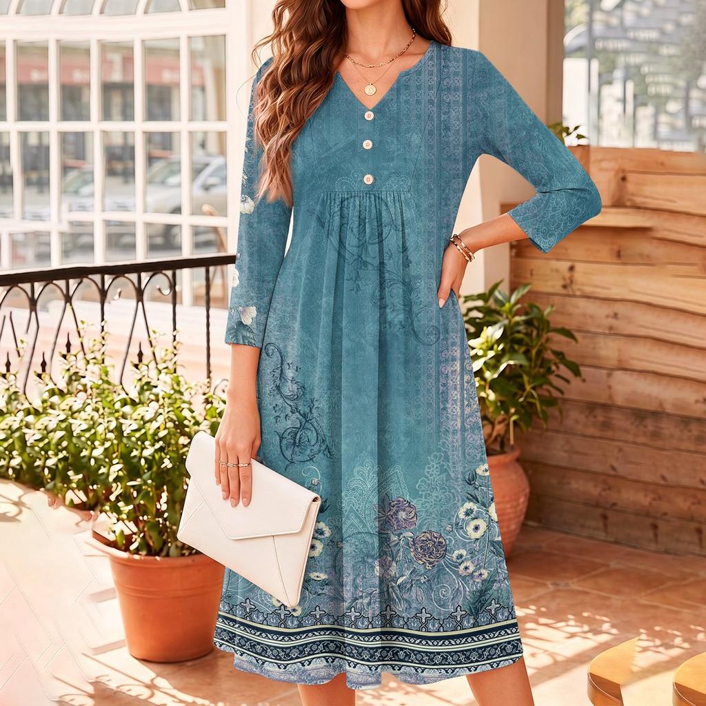 Women's Casual Floral Print V-Neck 3/4 Sleeve Dress