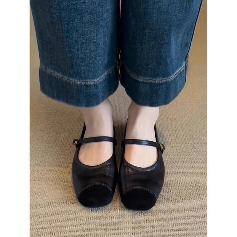 Sheepskin version~ retro soft-soled leather splicing one-word belt Mary Jane single shoes women's shallow commuter flat-soled ballet shoes