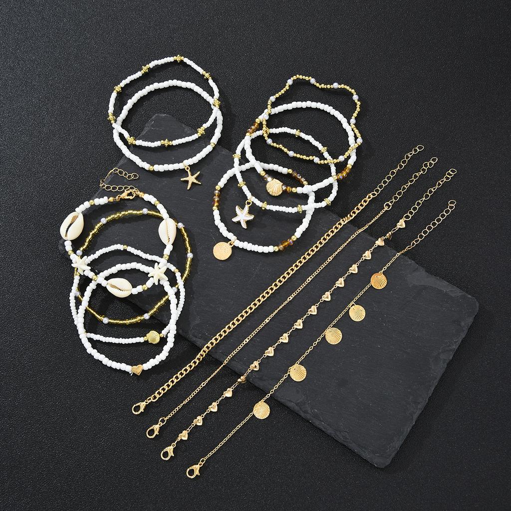 14Pcs/Set Bohemian Rice Beads Starfish Shell Anklet Sets for Women Retro Gold Color Multilayer Foot Chain Vacation Jewelry Gifts