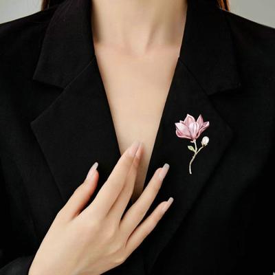Magnolia Flower Brooch for Women Artificial Flower Pins Faux Pearl Enamel