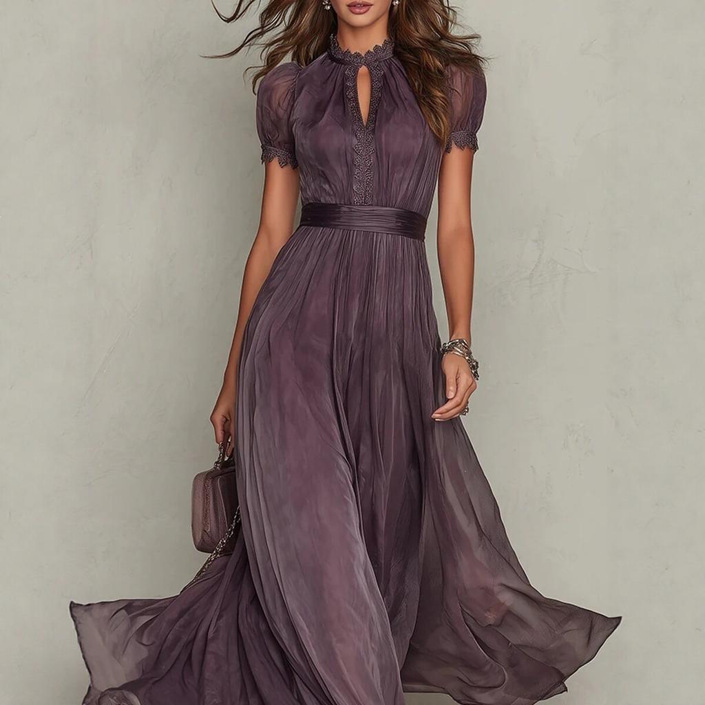 New European and American style independent station, purple long dress temperament turtleneck lace splicing elegant chiffon dress