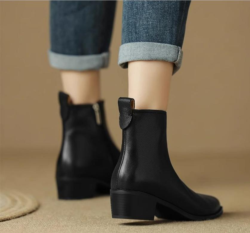 

New Women S Ankle Boots - Minimalist Pointed Toe Mid Heel Booties With Soft Leather & Side Zipper, Slimming Fashion Boots 36
