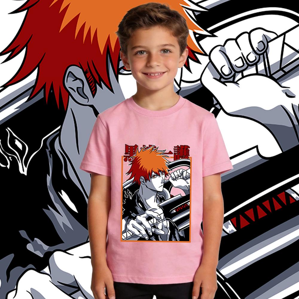 100 Percent Cotton Kids Anime T Shirt Bleach Ichigo Print Casual Summer Short Sleeve Top for Boys and Girls