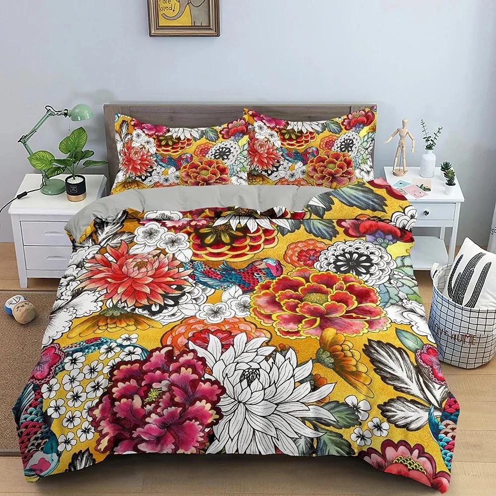 Tropical Flower Leaf Duvet Cover King Queen Colorful Vintage Floral Bedding Set for Adults Women Boho Polyester Comforter Cover