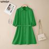 VONDA Women Casual Lapel Neck 3/4 Sleeve Slim Waist Pleated Mini Dress