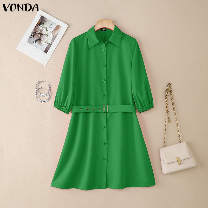 VONDA Women Casual Lapel Neck 3/4 Sleeve Slim Waist Pleated Mini Dress